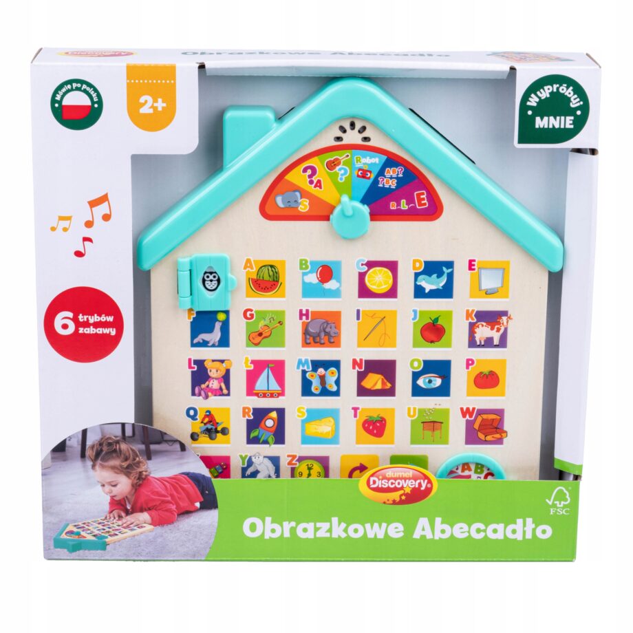 DUMEL ZABAWKA DREWNIANY DOMEK NAUKA LITEREK ALFABETU PANEL DOTYKOWY 2+