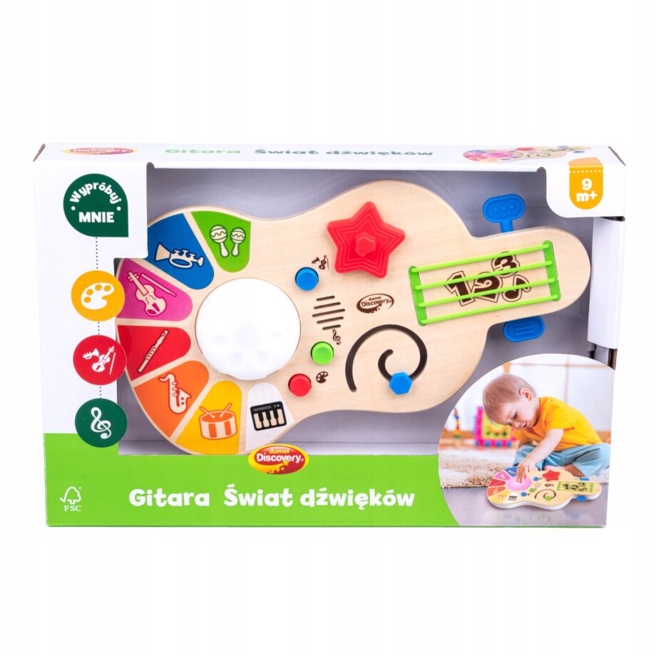 DUMEL ZABAWKA DREWNIANA GITARA DŹWIĘKÓW 3 TRYBY ZABAWY ŚWIATEŁKA MELODIE