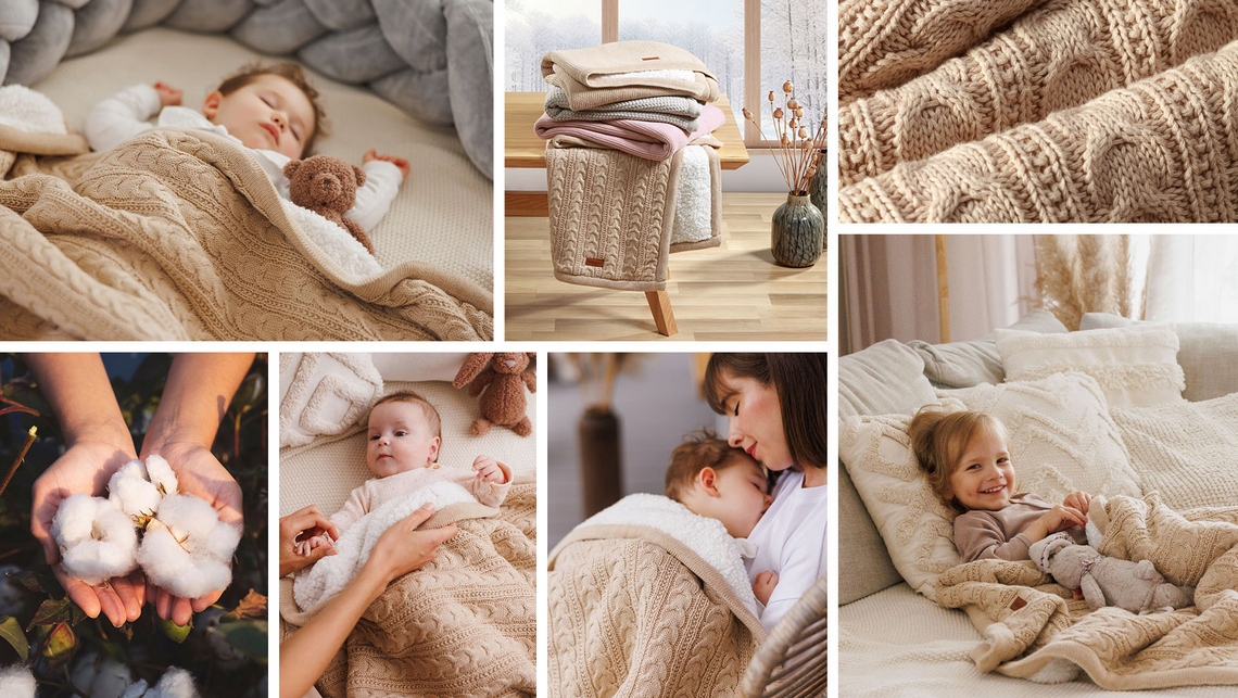 BABYONO KOCYK KOC BAWEŁNIANY Z OCIEPLENIEM MIĘKKI GRUBY 75X100CM BEŻ 1657