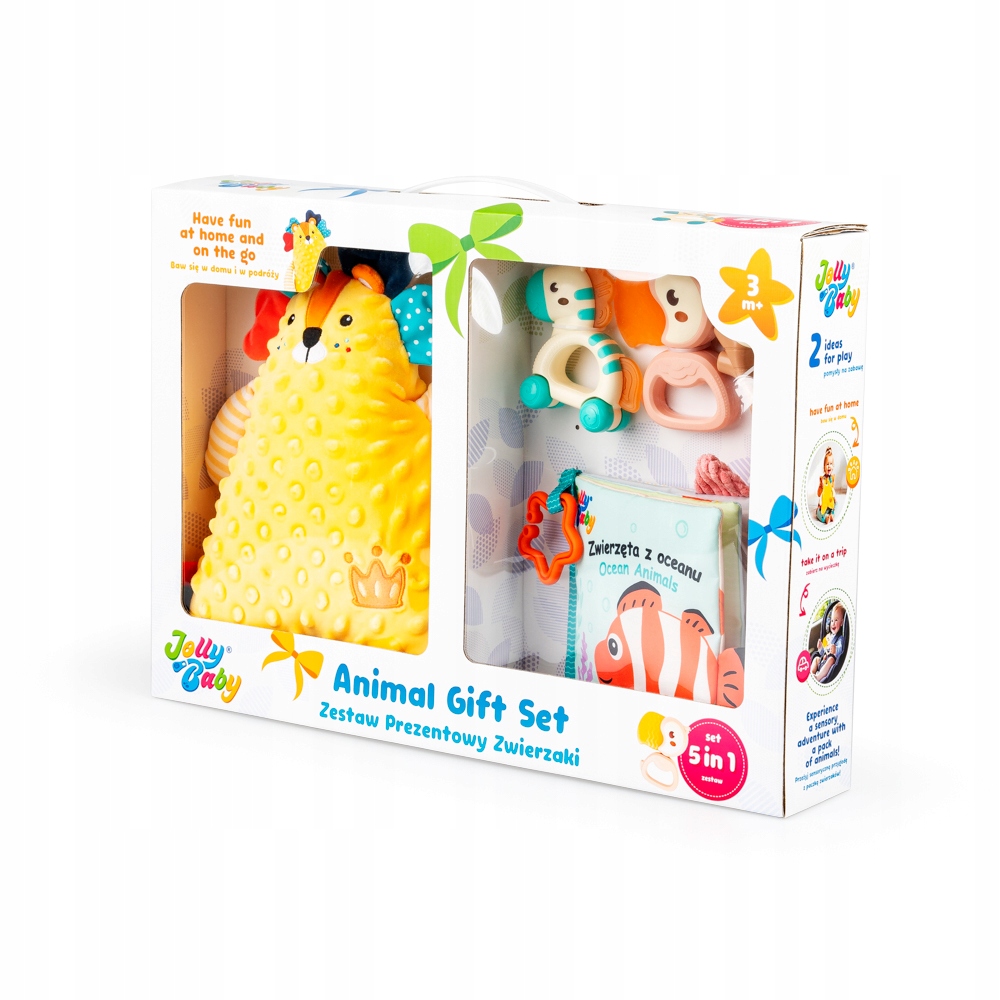 JOLLY BABY ZESTAW PREZENTOWY ZWIERZAKI MASKOTKA KSIĄŻECZKA GRZECHOTKI3M+