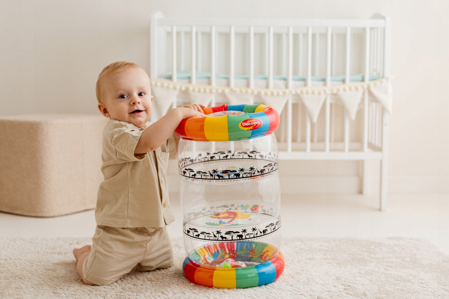 TULIFUN DMUCHANY ROLER DO NAUKI RACZKOWANIA 44CM GRZECHOCZĄCE PIŁECZKI