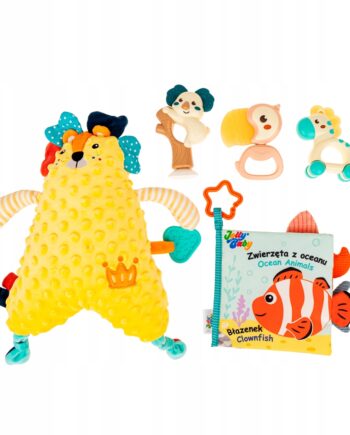 JOLLY BABY ZESTAW PREZENTOWY ZWIERZAKI MASKOTKA KSIĄŻECZKA GRZECHOTKI3M+