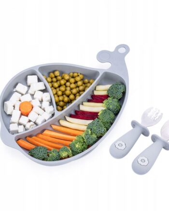 GiliGums TALERZ TRÓJDZIELNY Z PRZYSSAWKĄ + SZCZTUĆCE SZARY 6M+