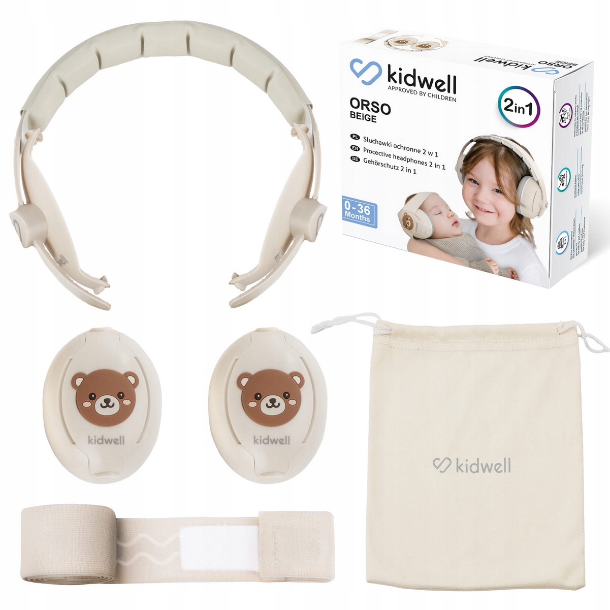 KIDWELL SŁUCHAWKI OCHRONNE WYGŁUSZAJĄCE DLA DZIECI ORSO 2W1 BEŻOWE