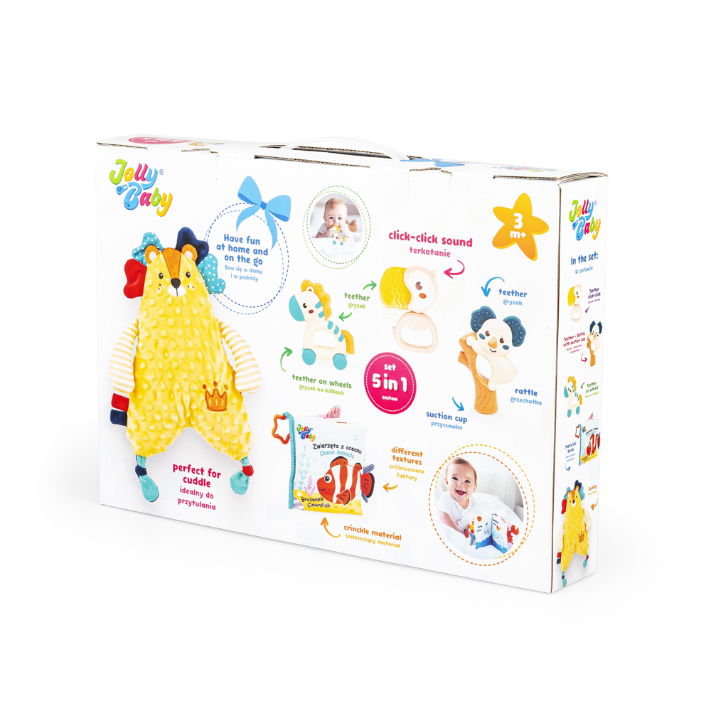 JOLLY BABY ZESTAW PREZENTOWY ZWIERZAKI MASKOTKA KSIĄŻECZKA GRZECHOTKI3M+