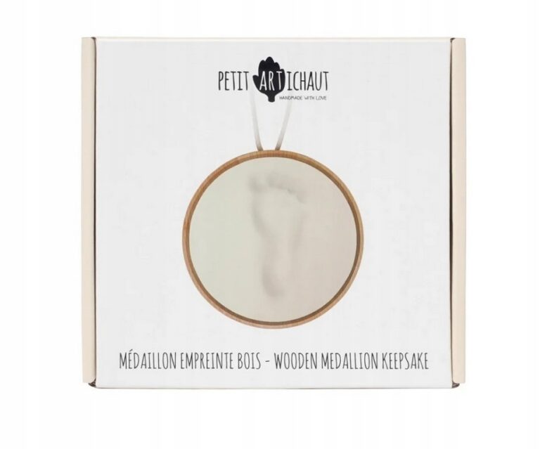 PETIT ARTICHAUT DREWNIANY MEDALION PAMIĄTKOWY NA ODCISK RĄCZKI NÓŻKI