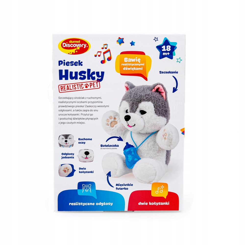 DUMEL PIESEK HUSKY KOŁYSANKI NAGRYWA DŹWIĘKI CZUJNIK DOTYKU 18M+