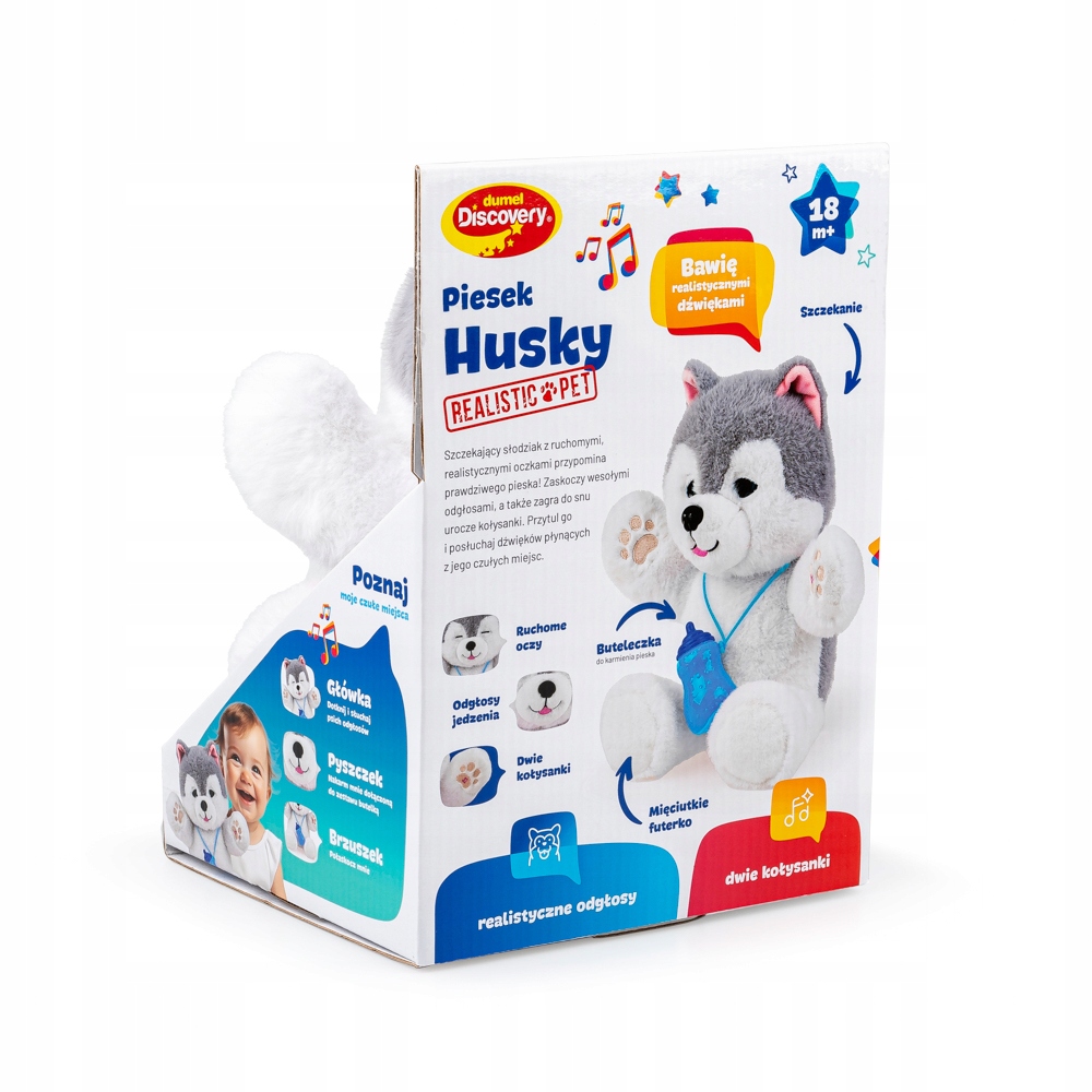 DUMEL PIESEK HUSKY KOŁYSANKI NAGRYWA DŹWIĘKI CZUJNIK DOTYKU 18M+
