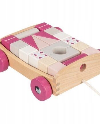 CUBICA WÓZEK DREWNIANY DO CIĄGNIĘCIA Z 20 KLOCKAMI DO BUDOWANIA