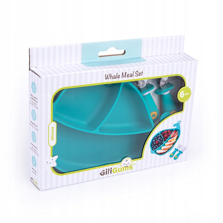 GiliGums TALERZ TRÓJDZIELNY Z PRZYSSAWKĄ + SZCZTUĆCE MORSKI 6M+