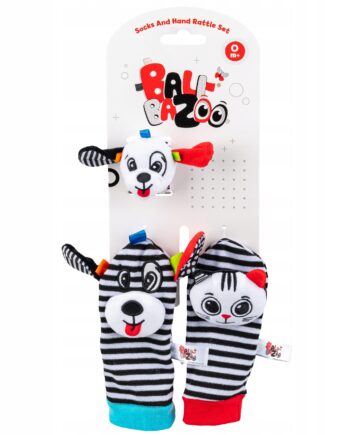 BALIBAZOO ZESTAW SKARPETKI I GRZECHOTKA NA RĄCZKĘ KONTRASTOWE KOLORY 0M+