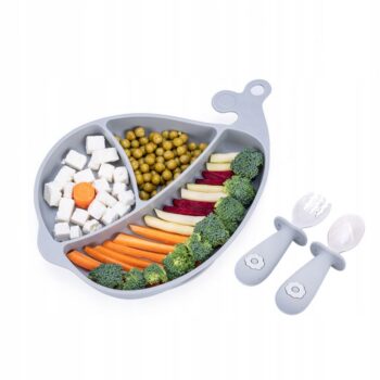 GiliGums TALERZ TRÓJDZIELNY Z PRZYSSAWKĄ + SZCZTUĆCE SZARY 6M+