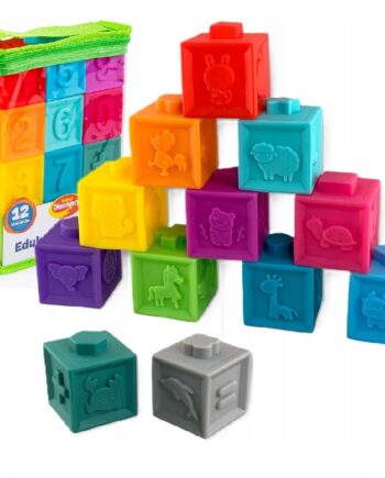 DUMEL MIĘKKIE KOLOROWE EDUKACYJNE KLOCKI CYFERKI OBRAZKI 12 SZTUK 12M+