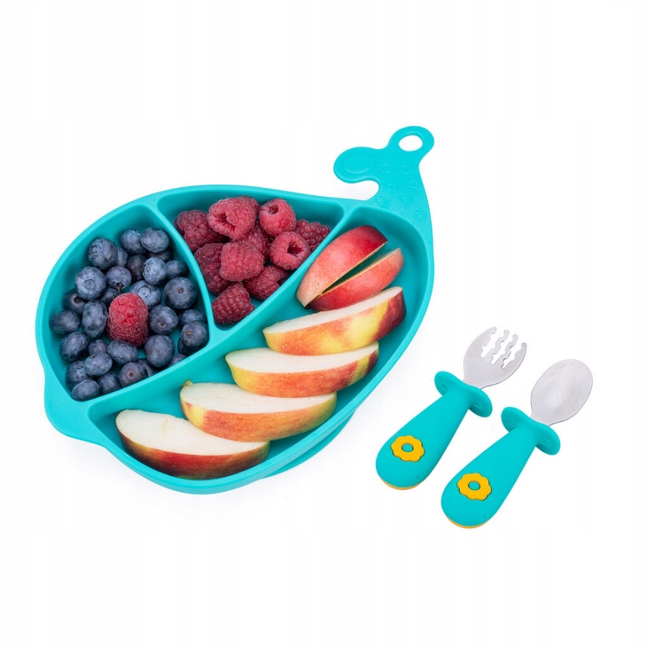 GiliGums TALERZ TRÓJDZIELNY Z PRZYSSAWKĄ + SZCZTUĆCE MORSKI 6M+