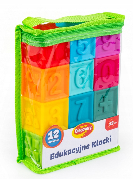 DUMEL MIĘKKIE KOLOROWE EDUKACYJNE KLOCKI CYFERKI OBRAZKI 12 SZTUK 12M+