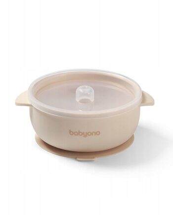 BABYONO MISECZKA DLA DZIECI SILIKONOWA Z PRZYSSAWKĄ I PRZYKRYWKĄ BEŻ