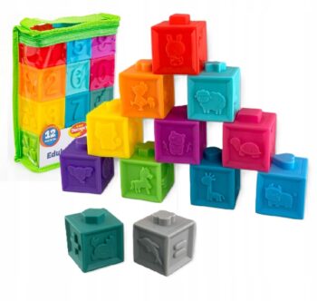 DUMEL MIĘKKIE KOLOROWE EDUKACYJNE KLOCKI CYFERKI OBRAZKI 12 SZTUK 12M+