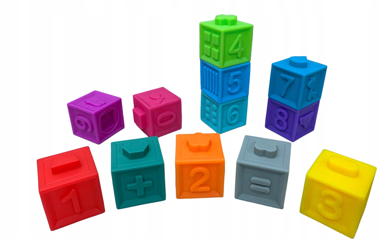 DUMEL MIĘKKIE KOLOROWE EDUKACYJNE KLOCKI CYFERKI OBRAZKI 12 SZTUK 12M+