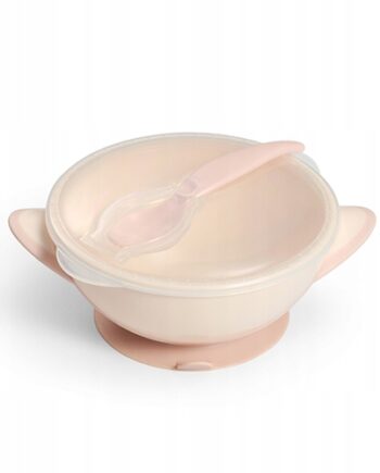 BABYONO TMISECZKA Z PRZYSSAWKĄ I ŁYŻECZKĄ I PRZYKRYWKĄ KREMOWO-RÓŻOWA