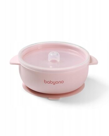 BABYONO MISECZKA DLA DZIECI SILIKONOWA Z PRZYSSAWKĄ I PRZYKRYWKĄ RÓŻ