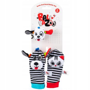 BALIBAZOO ZESTAW SKARPETKI I GRZECHOTKA NA RĄCZKĘ KONTRASTOWE KOLORY 0M+