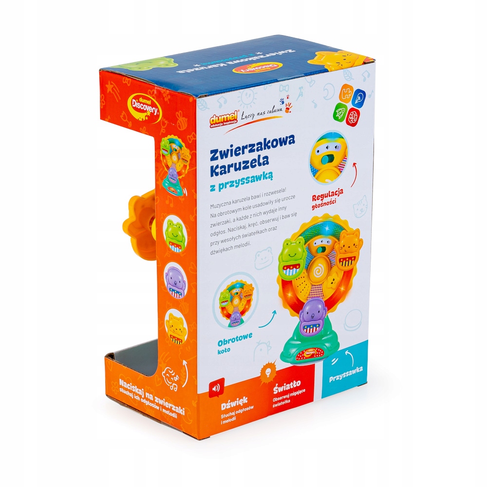 DUMEL ZWIERZAKOWA KARUZELA Z PRZYSSAWKĄ DŹWIĘKI I MELODIE ŚWIATEŁKA