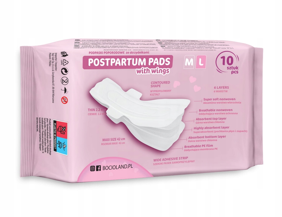 BOCIOLAND WYSOKOCHŁONNE PODKŁADY PODPASKI POPORODOWE NA DZIEŃ I NOC 10 SZT